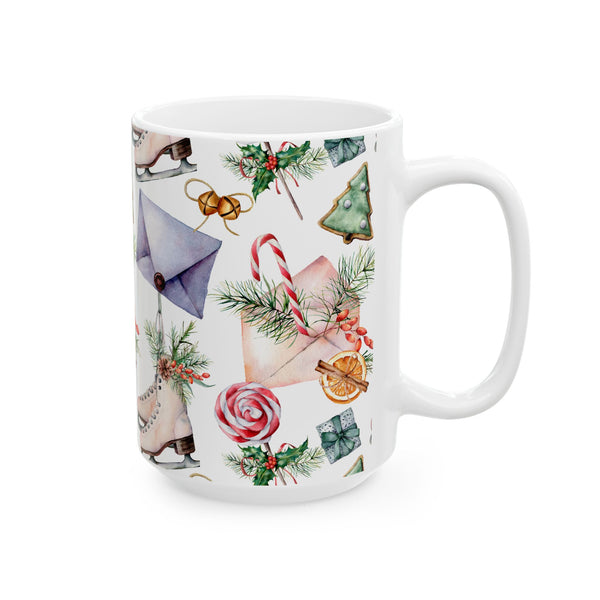 Christmas Gift Coffee Mug Holiday Ceramic Cup with Skates, Cookies & Candy Canes