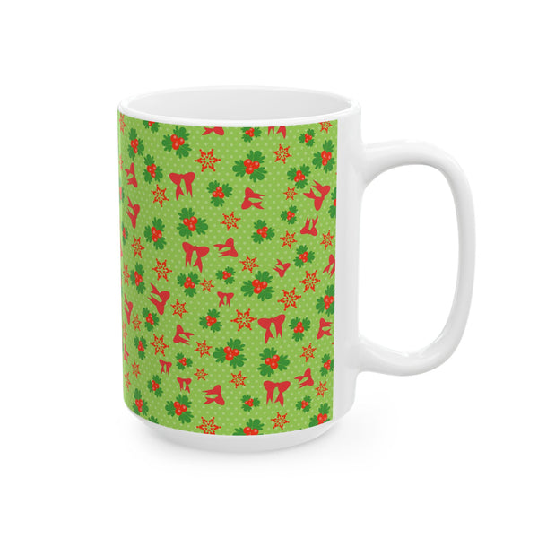 Christmas Green Floral Pattern Ceramic Coffee Mug – Holiday Gift Dishwasher Safe