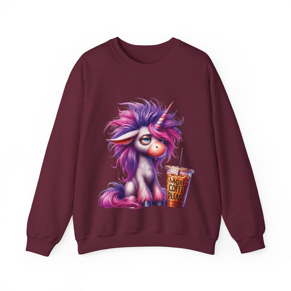 Maroon sweatshirt with a unicorn graphic holding a coffee cup on a white background