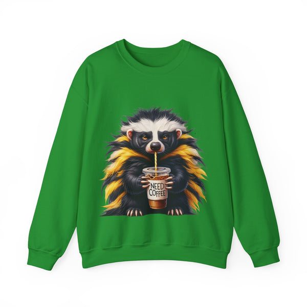 Green sweatshirt with a raccoon graphic holding a coffee cup on a white background