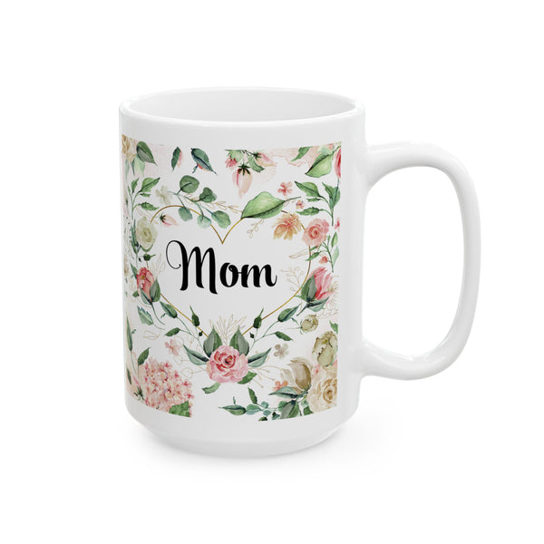 White mug with floral design and 'Mom' text on a white background
