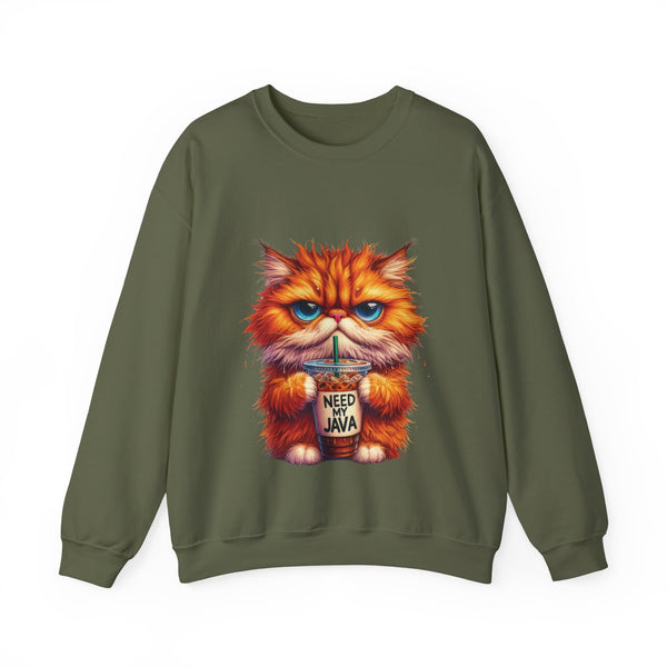 Green sweatshirt with a cartoon cat holding a coffee cup design on a white background