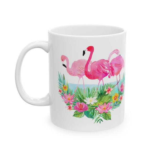 Pink Flamingo Coffee Mug Tropical Flowers Ceramic Cup, 11oz/15oz Dishwasher Safe