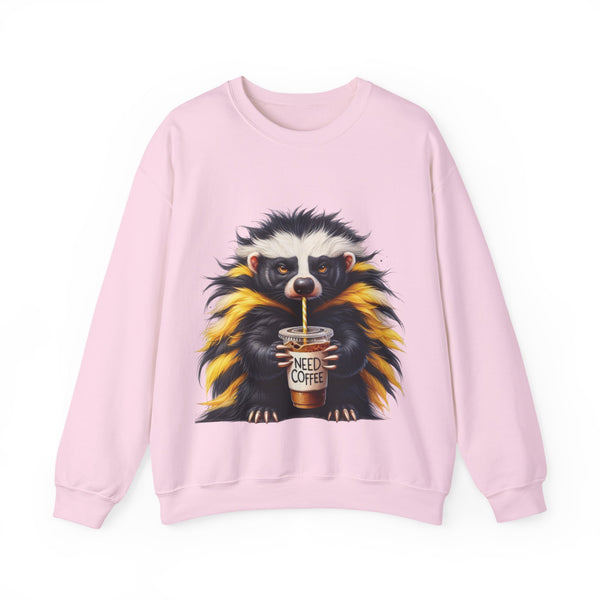 Pink sweatshirt with a raccoon holding a coffee cup graphic on a white background