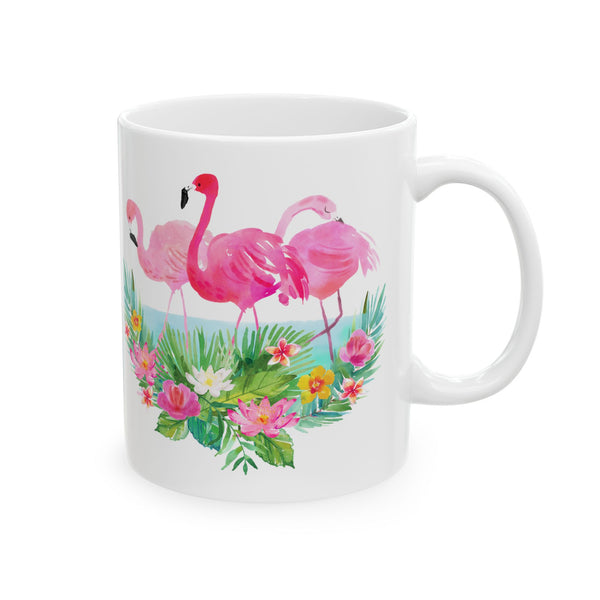 Pink Flamingo Coffee Mug Tropical Flowers Ceramic Cup, 11oz/15oz Dishwasher Safe