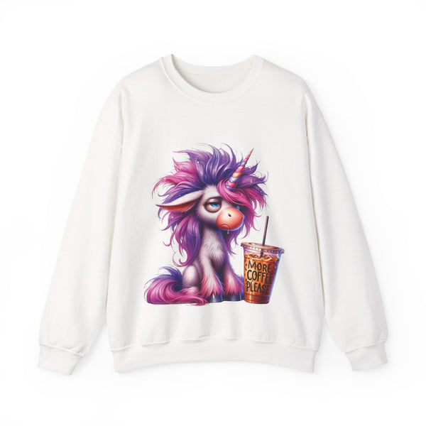 White sweatshirt with a colorful unicorn design and a coffee cup graphic on a white background