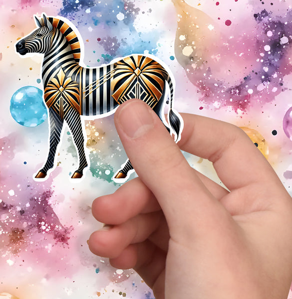 Colorful zebra illustration held by a hand against a multicolored abstract background