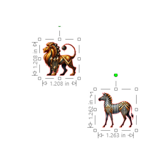 Decorative lion and zebra figures with measurement markings on a white background