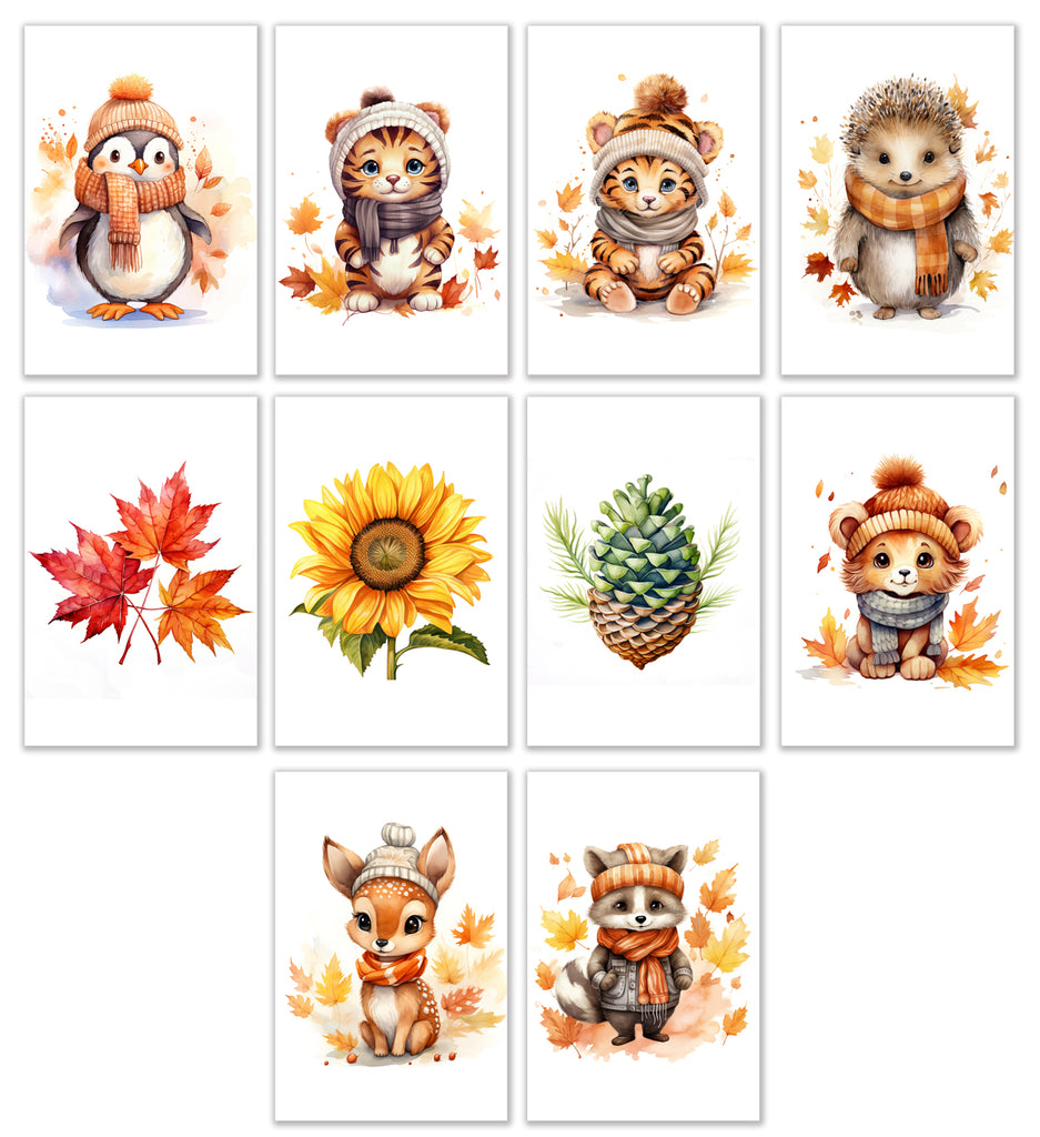 10 Handmade Autumn Animals – Blank Inside – Folded 4x6 Every Occasion Cards with White Envelopes
