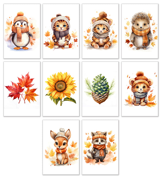 10 Handmade Autumn Animals – Blank Inside – Folded 4x6 Every Occasion Cards with White Envelopes