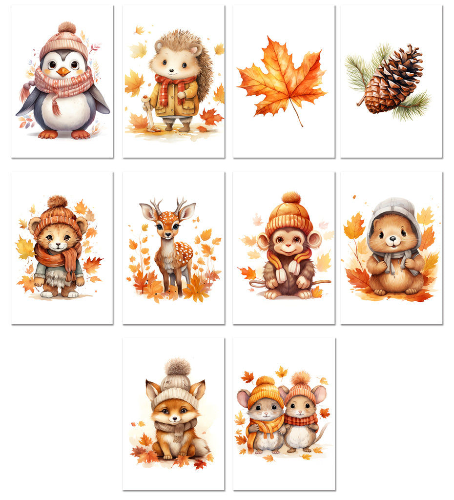 10 Handmade Autumn Animals – Blank Inside – Folded 4x6 Every Occasion Cards with White Envelopes
