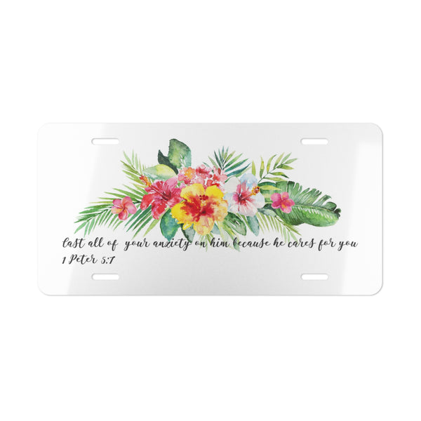 Custom front license plate with Bible verse and tropical flowers