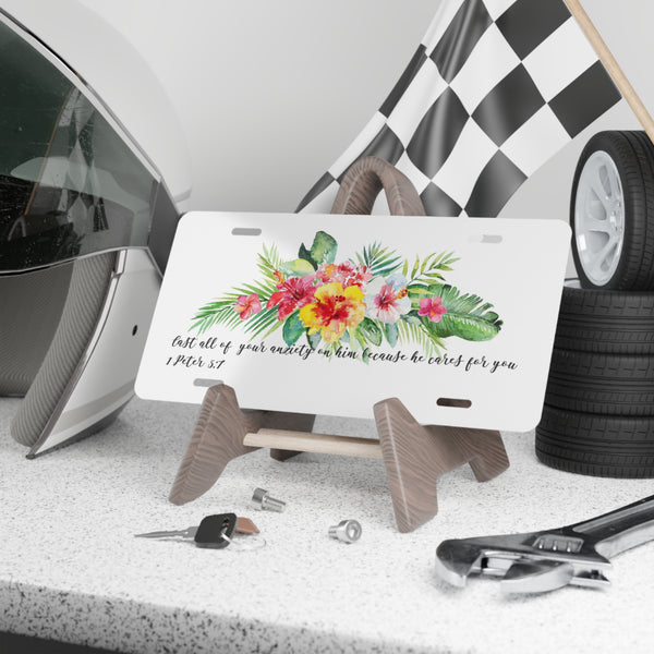 Custom front license plate with Bible verse and tropical flowers