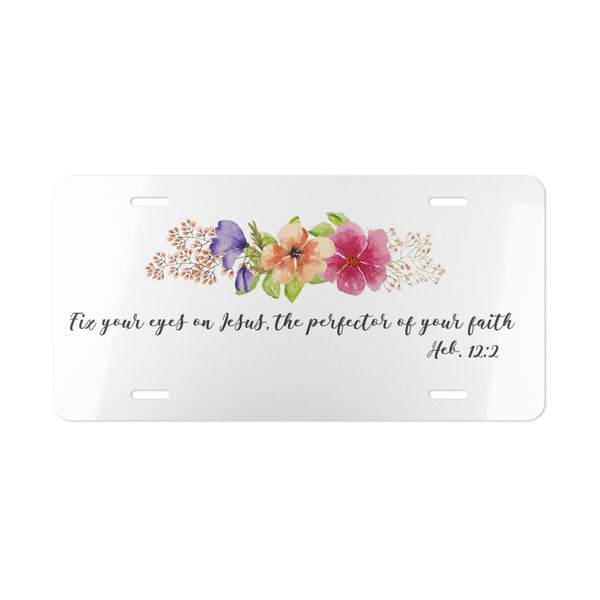 Custom front license plate with Bible verse and tropical flowers