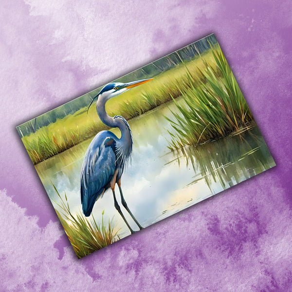 6 Handmade Blue Herons – Blank Inside – Folded 4x6 Every Occasion Cards with White Envelopes