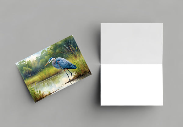 6 Handmade Blue Herons – Blank Inside – Folded 4x6 Every Occasion Cards with White Envelopes