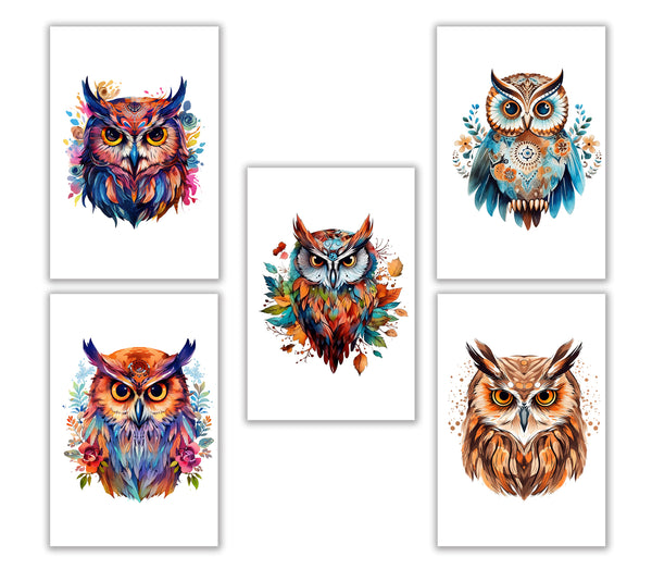 10 Handmade Watercolor Boho Owl Notecards – Blank Inside – Folded Every Occasion Cards with White Envelopes