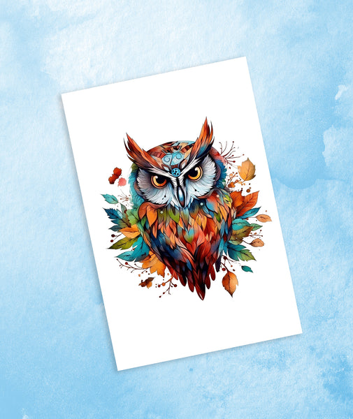 10 Handmade Watercolor Boho Owl Notecards – Blank Inside – Folded Every Occasion Cards with White Envelopes