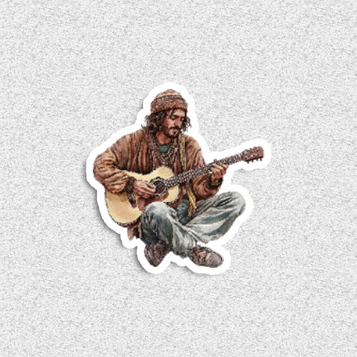 Illustration of a person playing guitar on a textured gray background