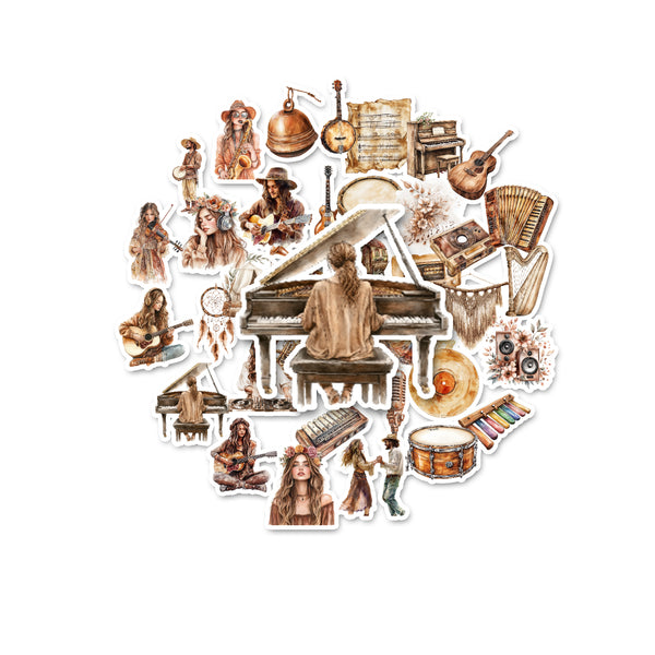 Collection of musical instrument and person stickers on a white background