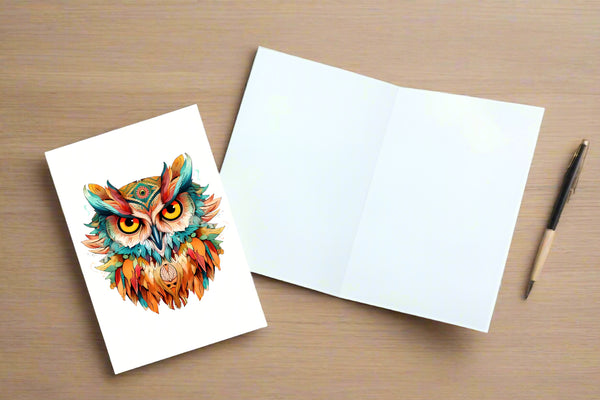 10 Handmade Watercolor Boho Owl Notecards – Blank Inside – Folded Every Occasion Cards with White Envelopes