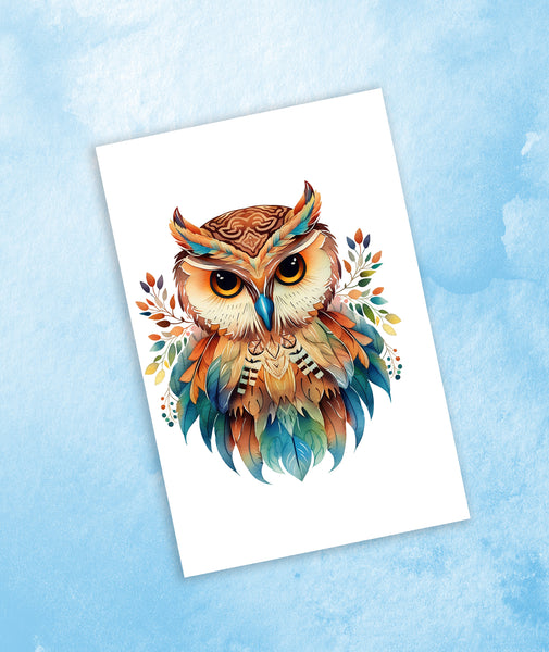 10 Handmade Watercolor Boho Owl Notecards – Blank Inside – Folded Every Occasion Cards with White Envelopes