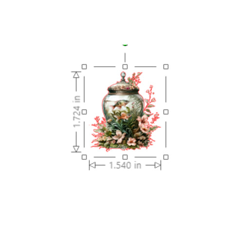 Decorative jar with floral design and measurements on a white background