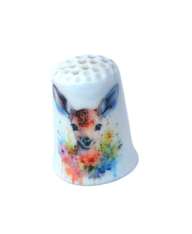 Handmade collectible thimble with a fawn and flowers