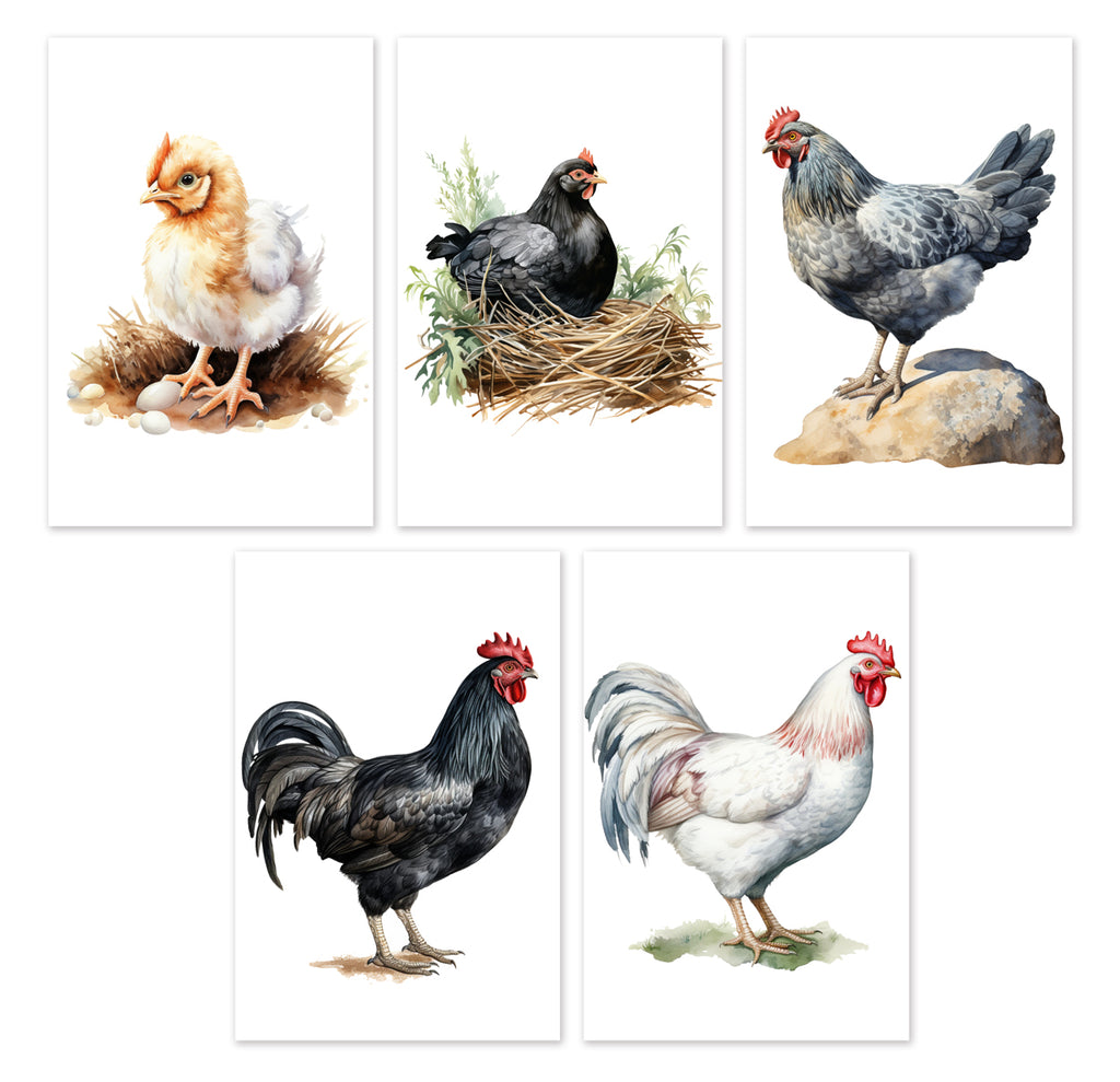 10 Handmade Chickens – Blank Inside – Folded 4x6 Every Occasion Cards with White Envelopes