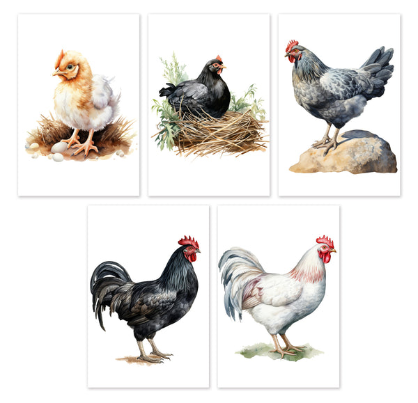 10 Handmade Chickens – Blank Inside – Folded 4x6 Every Occasion Cards with White Envelopes