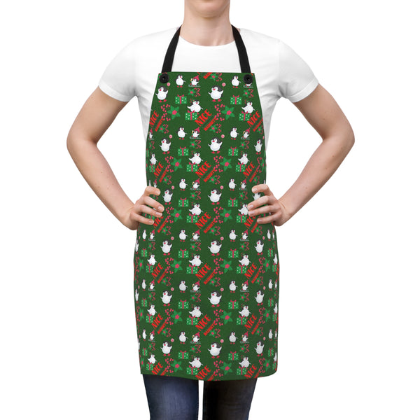 Person wearing a green apron with festive design on a white background