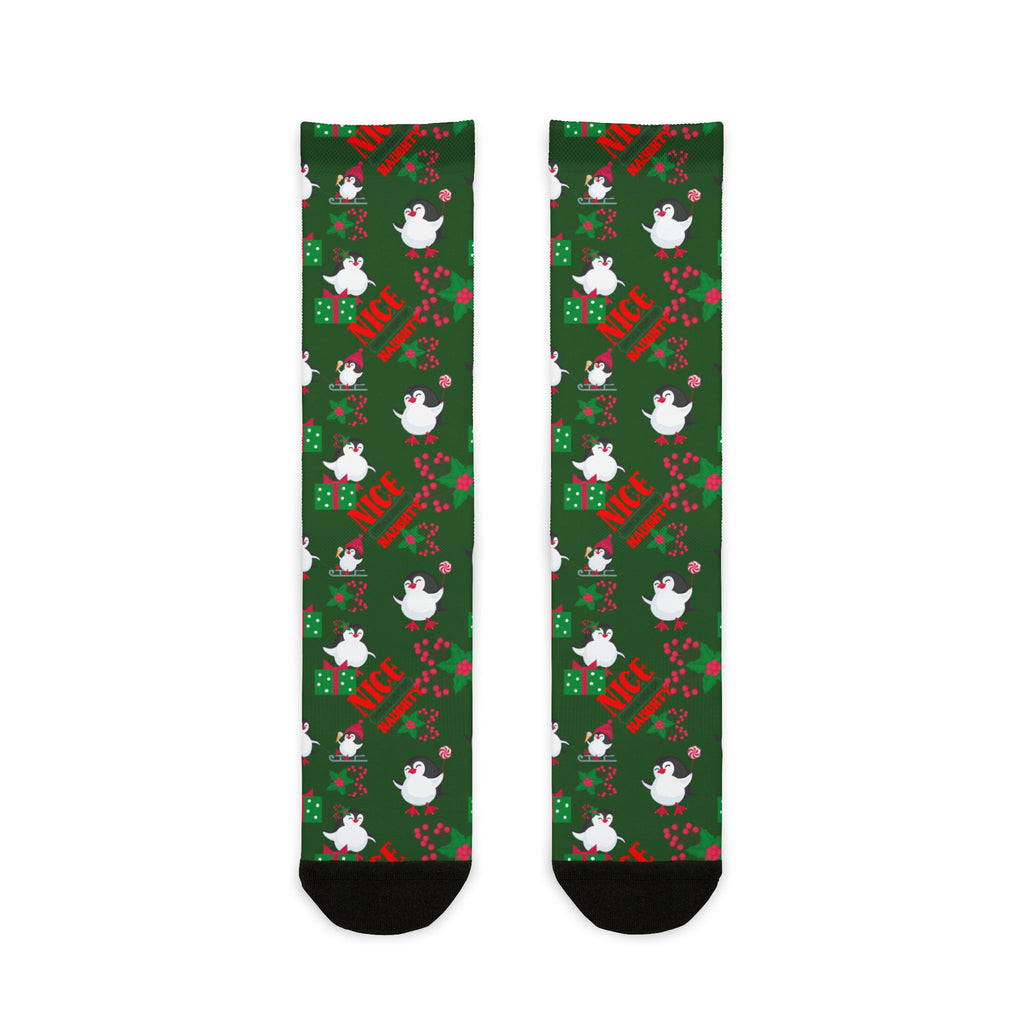 Green socks with festive design featuring birds and text on a white background
