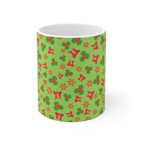 Christmas Mug with Holly and Red Bows Holiday 2 Sizes Dishwasher Safe