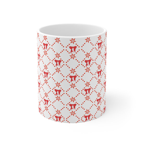 Christmas Mug with Red Bows White Ceramic Holiday Cheer 2-sizes