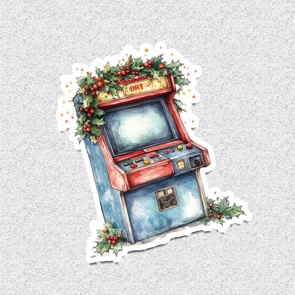 Illustration of a vintage arcade game machine decorated with Christmas wreath and berries on a light gray background.
