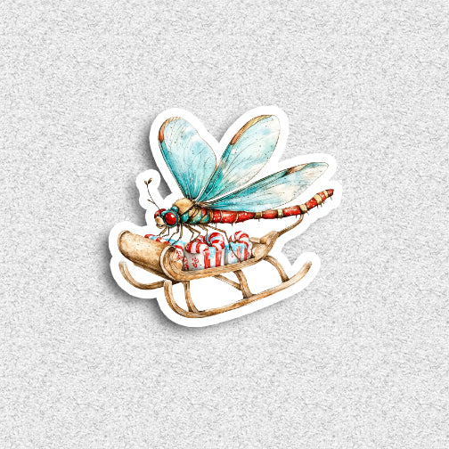 Sticker of a dragonfly with a shoe full of presents on a textured gray background
