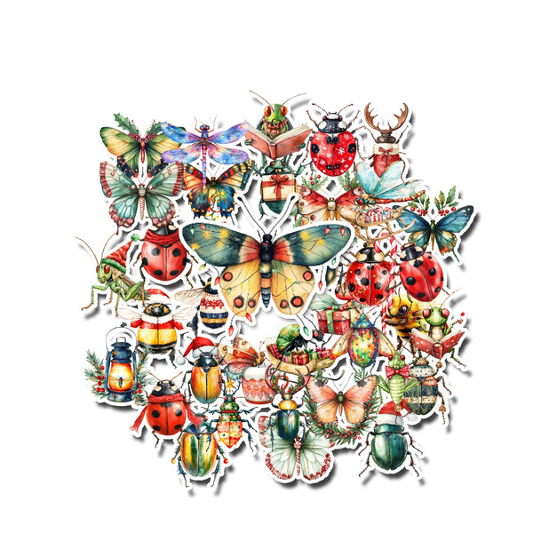 Collection of colorful insect stickers arranged in a circular pattern on a white background.