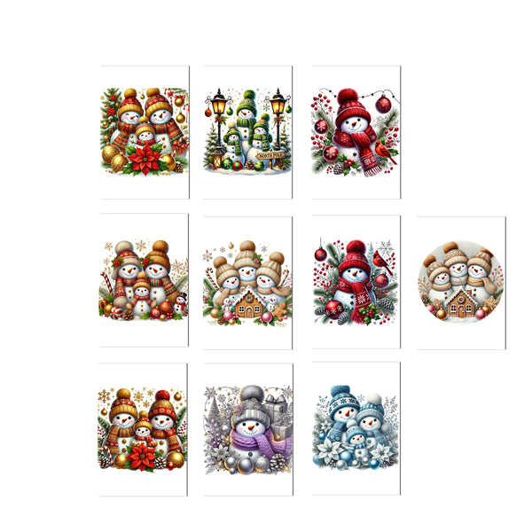 Set of Christmas-themed cards with snowmen and winter scenes on a white background.