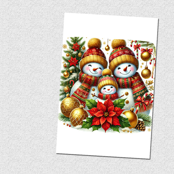 Christmas-themed card with snowmen, ornaments, and poinsettias on a white background