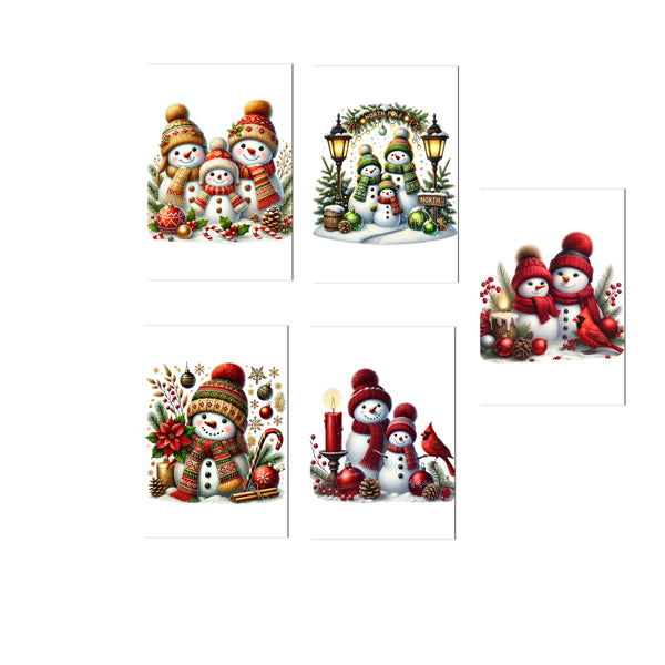 Set of Christmas-themed cards with snowmen and winter scenes on a white background.