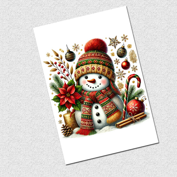 Colorful Christmas card with a snowman, ornaments, and festive decorations on a white background.
