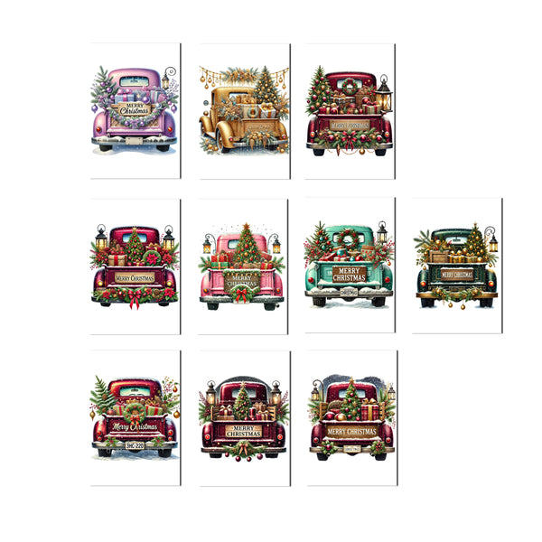 10 Handmade Christmas Cards Notecards 4x6 with Envelopes Blank Folded Vintage Trucks