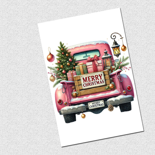 Christmas card with a pink truck, Christmas tree, and presents on a white background