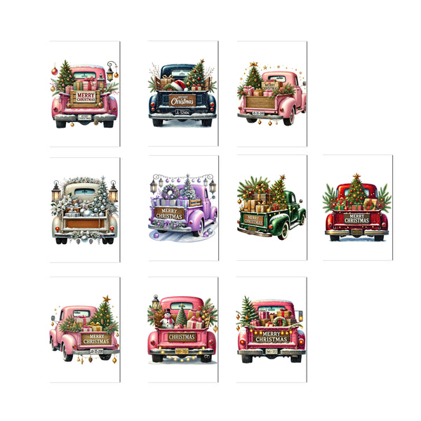 Set of Christmas-themed truck illustrations on a white background