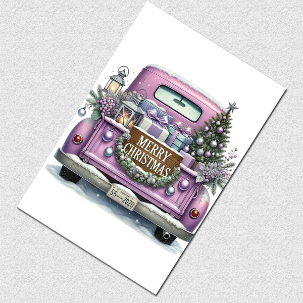 Decorative Christmas card with a purple truck and festive elements on a gray background