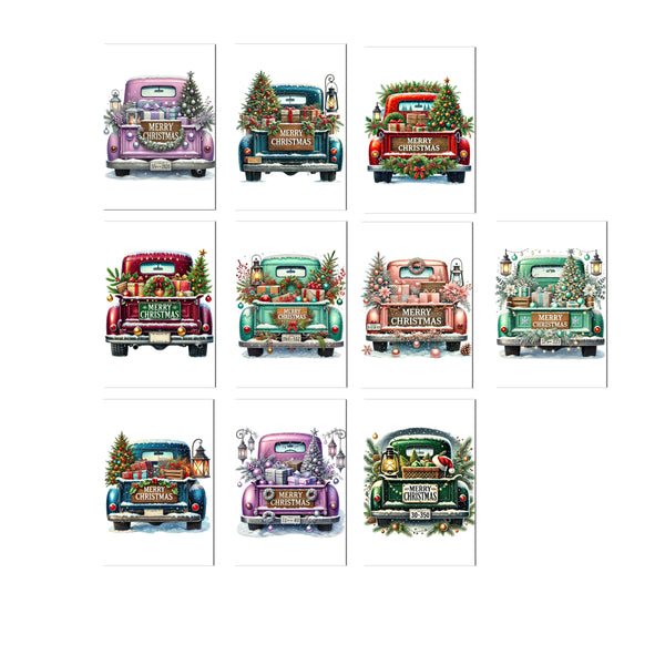 Set of 9 Christmas cards with colorful trucks and festive decorations on a white background