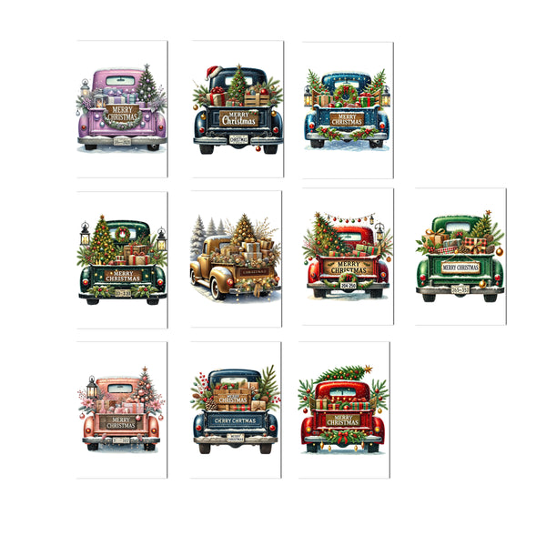 Set of Christmas cards with vintage trucks and festive decorations on a white background