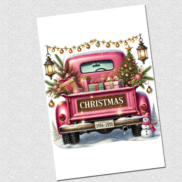 Illustration of a pink truck with Christmas decorations on a white background