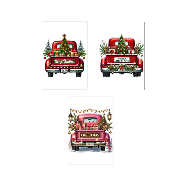 Set of three Christmas cards featuring red and pink trucks with Christmas decorations.