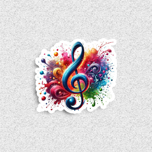 Colorful music symbol with splashes on a light gray background